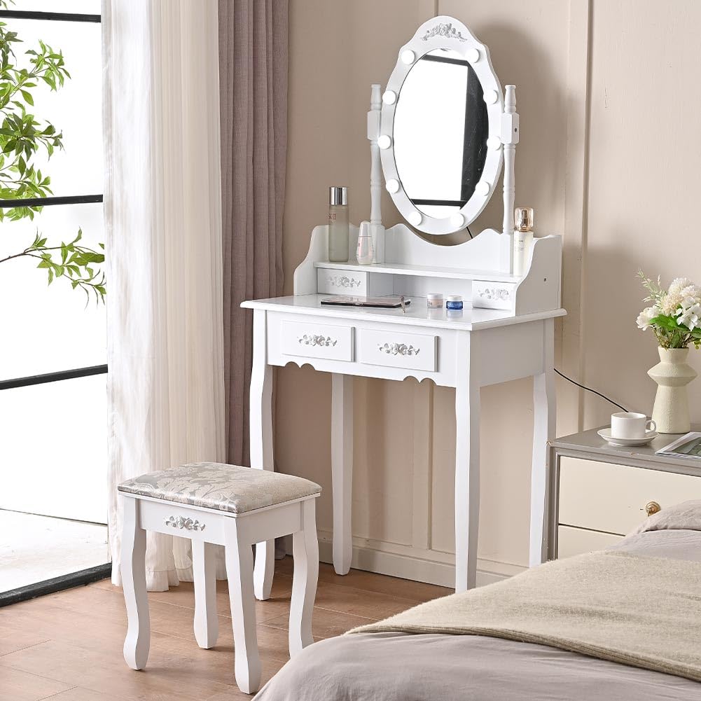 Shally Dogan Toeletta Trucco con Sgabello Modello Elena con 10 Lampade Led, Specchiera con Tavolo e Cassetti in Legno Bianco, Seduta Comoda Imbottita, Specchio Postazione Make Up, Luce Fredda e Calda