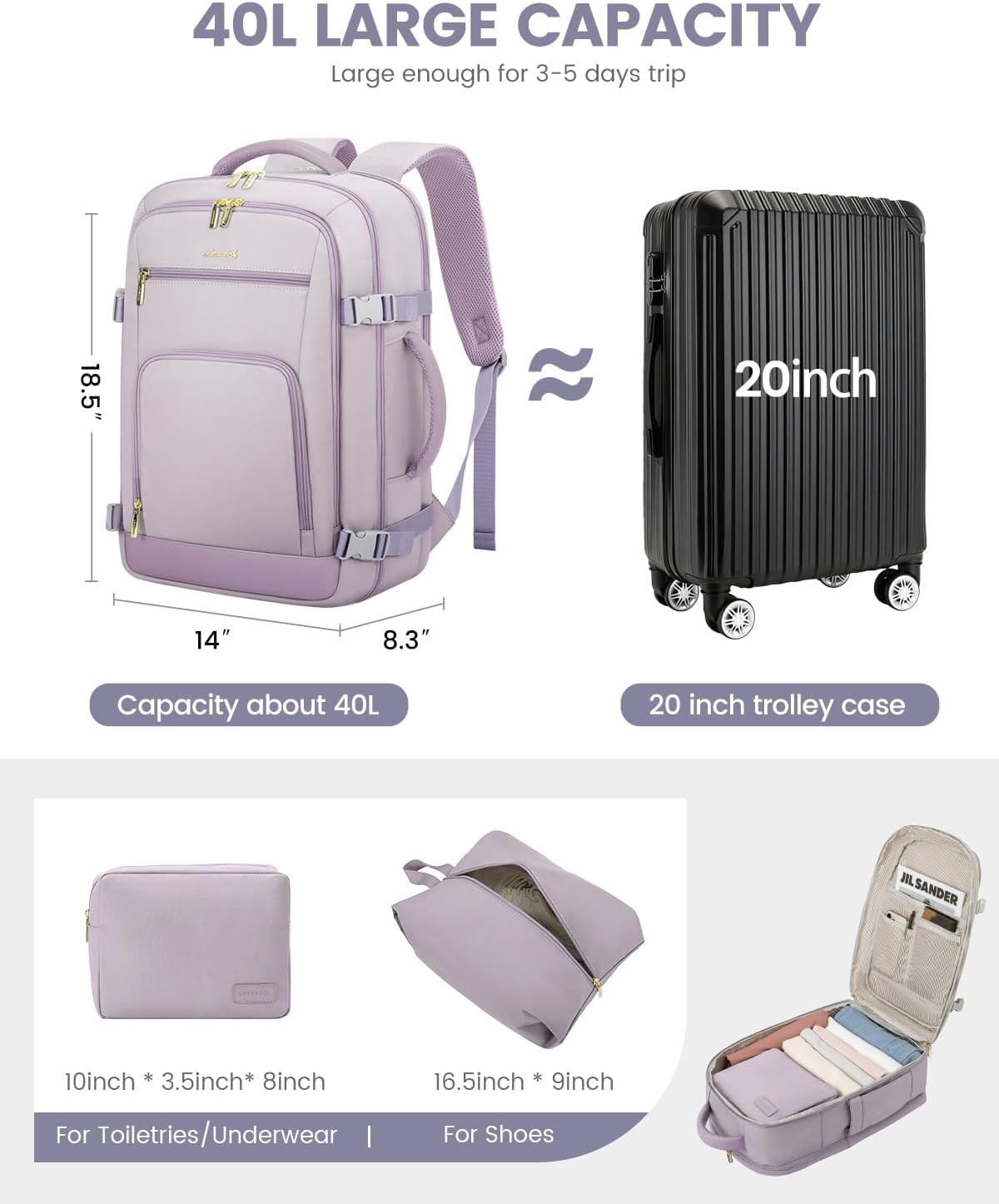 LOVEVOOK Travel Backpack For Women, 40L Carry On Backpack Flight Approved, TSA Personal Item Travel Bag Fits 17 Inch Laptop, Business Weekender Overnight Waterproof Daypack With 2 Cubes, Light Purple - Image 5