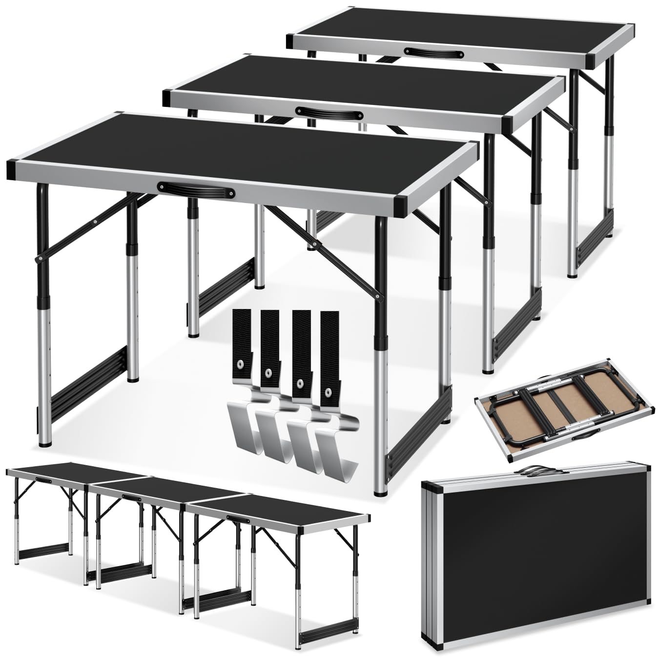 tectake® Set de 3 Mesas Auxiliares Ajustables en Altura a 4 Niveles, Mesas Camping Plegables, Mesas de Trabajo, Picnic, Fiestas, Bricolaje, 100x60, Multiusos, Fácil Montaje, Tableros en MDF - Negro