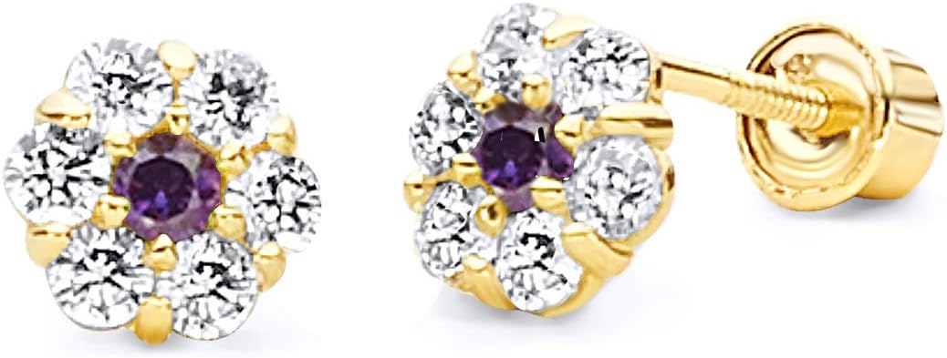 14k Yellow Gold Flower Stud Earrings with Screw Back - 12 Different Color Available