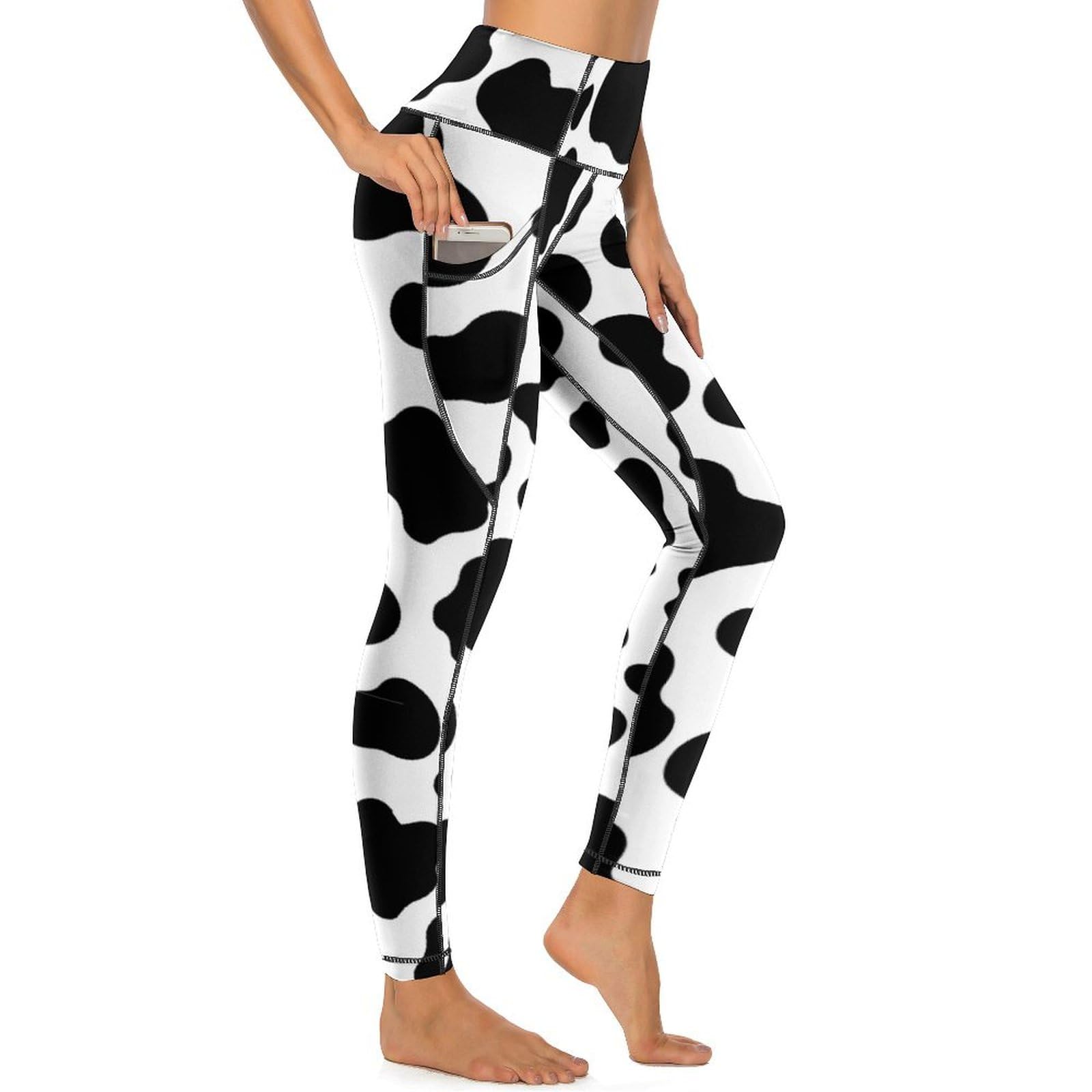 Msokazzles Women's Black And White Cow High Waisted Exercise Yoga Pants For Running Sports Workout Yoga Leggings With Pockets, Xxl
