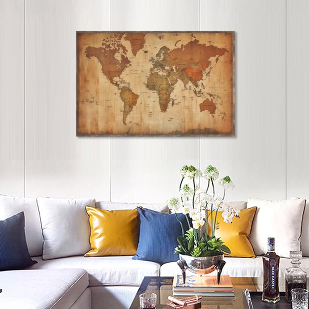 Maps Leinwand-Kunst, Weltkarte, zeitgenössisches Kunstwerk, Poster, Druck auf Leinwand, Vintage-Karte, Wandkunst für Wohnzimmer, gerahmt, fertig zum Aufhängen, 61 x 91 cm (B x H)