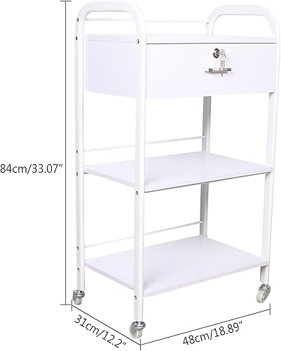 Miniatura 6 de Carrito utilitario rodante de 3 niveles con ruedas, carrito de esteticista móvil blanco con un solo cajón con bloqueo, carrito de servicio médico