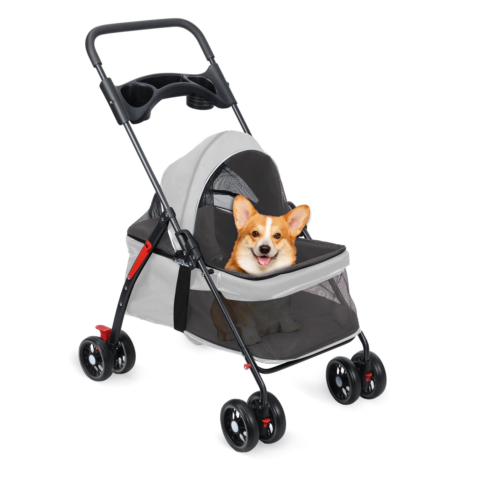 Passeggino da viaggio per cani e gatti, passeggino per cani di piccola e media taglia, pieghevole, con 4 ruote, passeggino per cani con portabicchieri, fino a 150 kg, grigio
