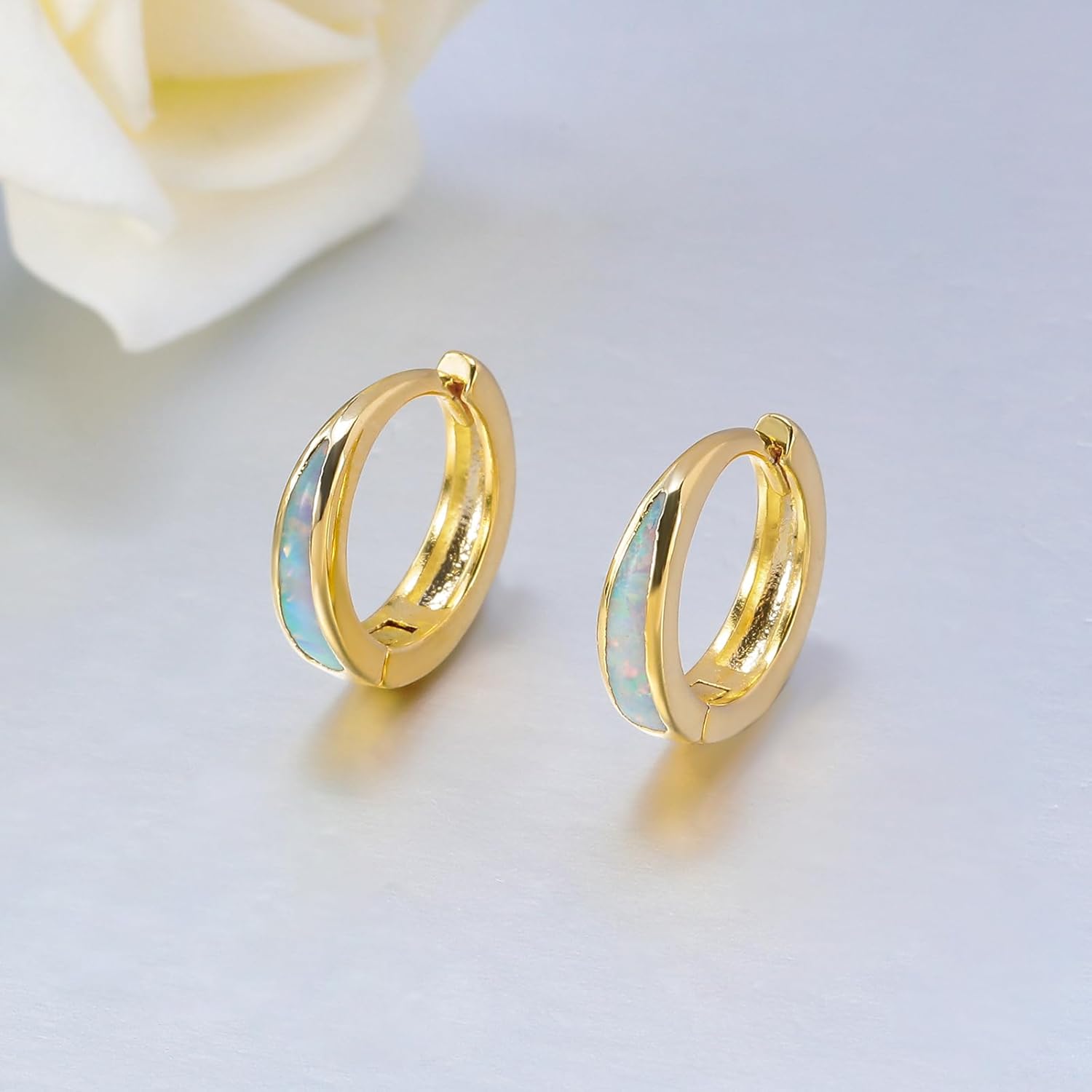 CiNily Opal Earrings, Small Gold Hoop Earrings for Women Trendy 14k White Gold Plated Huggie Hoop Earrings Silver Chunky Earrings Gold Opal Jewelry Gift for Mothers Day Birthday Daily, 12 MM - Image 5