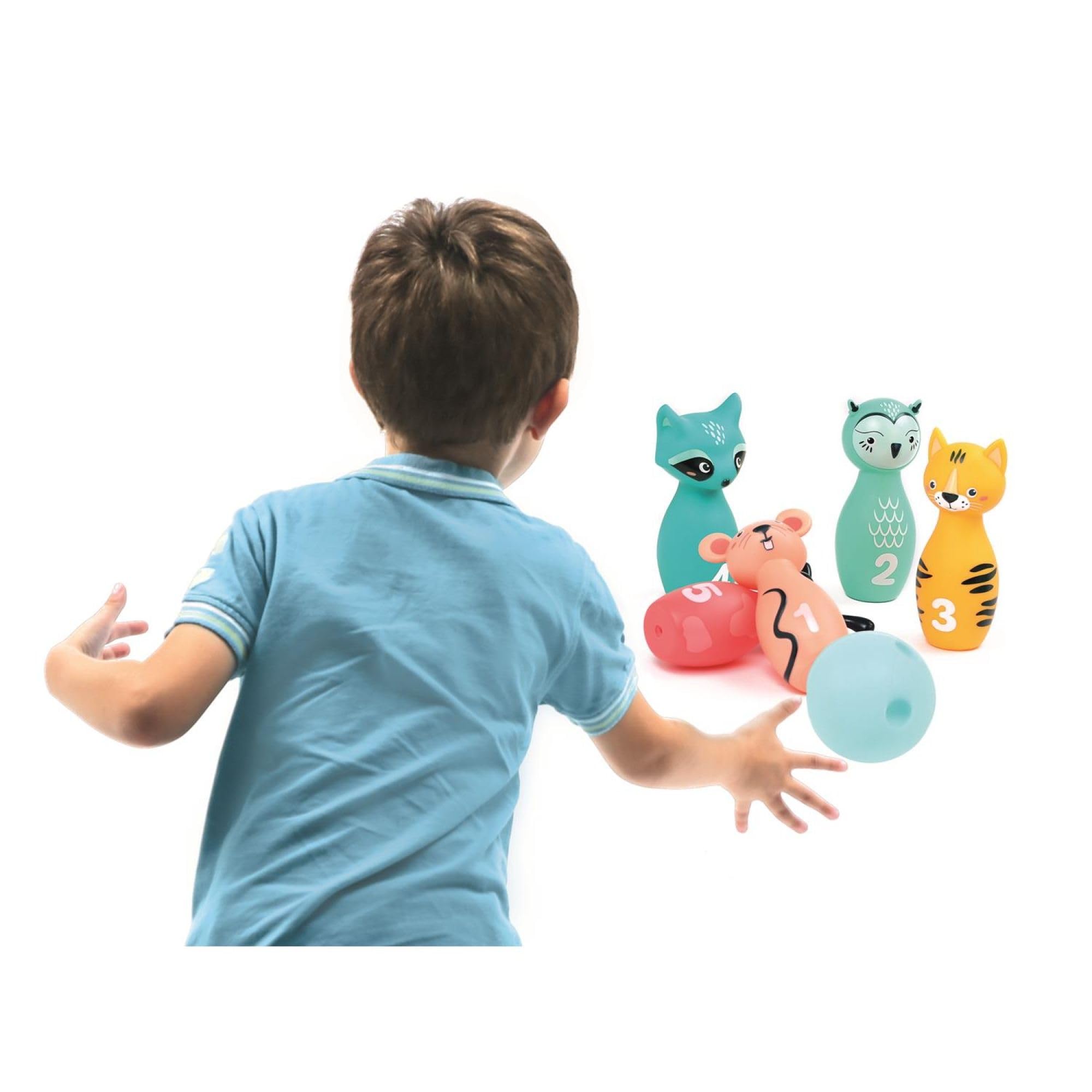 Ludi - Set di Birilli Morbidi per Neonati - dai 10 Mesi - 5 chiglie Animali Facili da Prendere in Mano + Sfera ergonomica - destrezza, Mira e coordinamento - Silenzioso e Leggero - 100% PVC, Lavabile