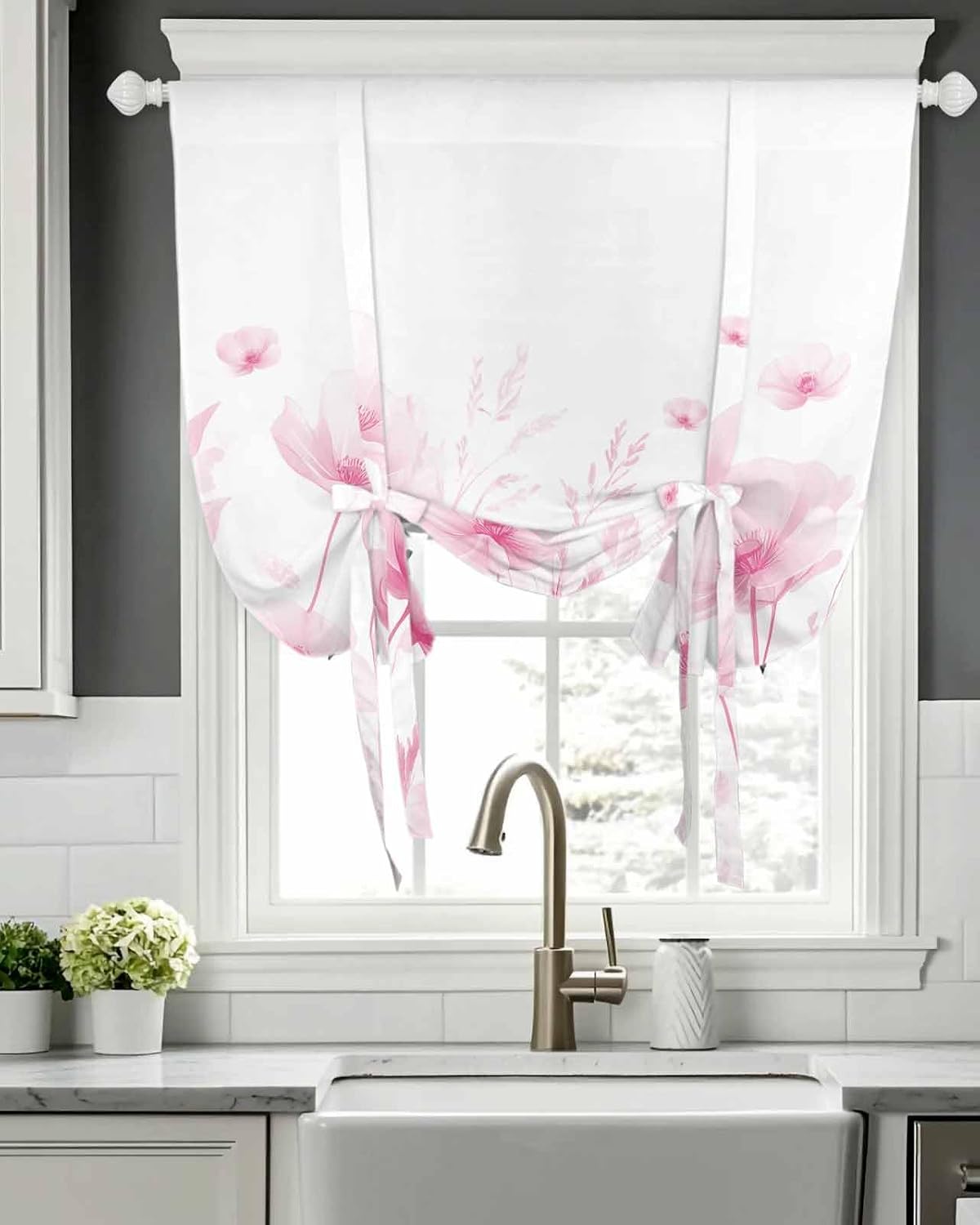 Tie Up Curtain for Windows Vintage Floral Balloon Window Shades for Bedroom Bathroom Adjustable Rod Pocket Watercolor Flowers Pink Window Treatments Curtains Valance for Kitchen 52" W x 63" L