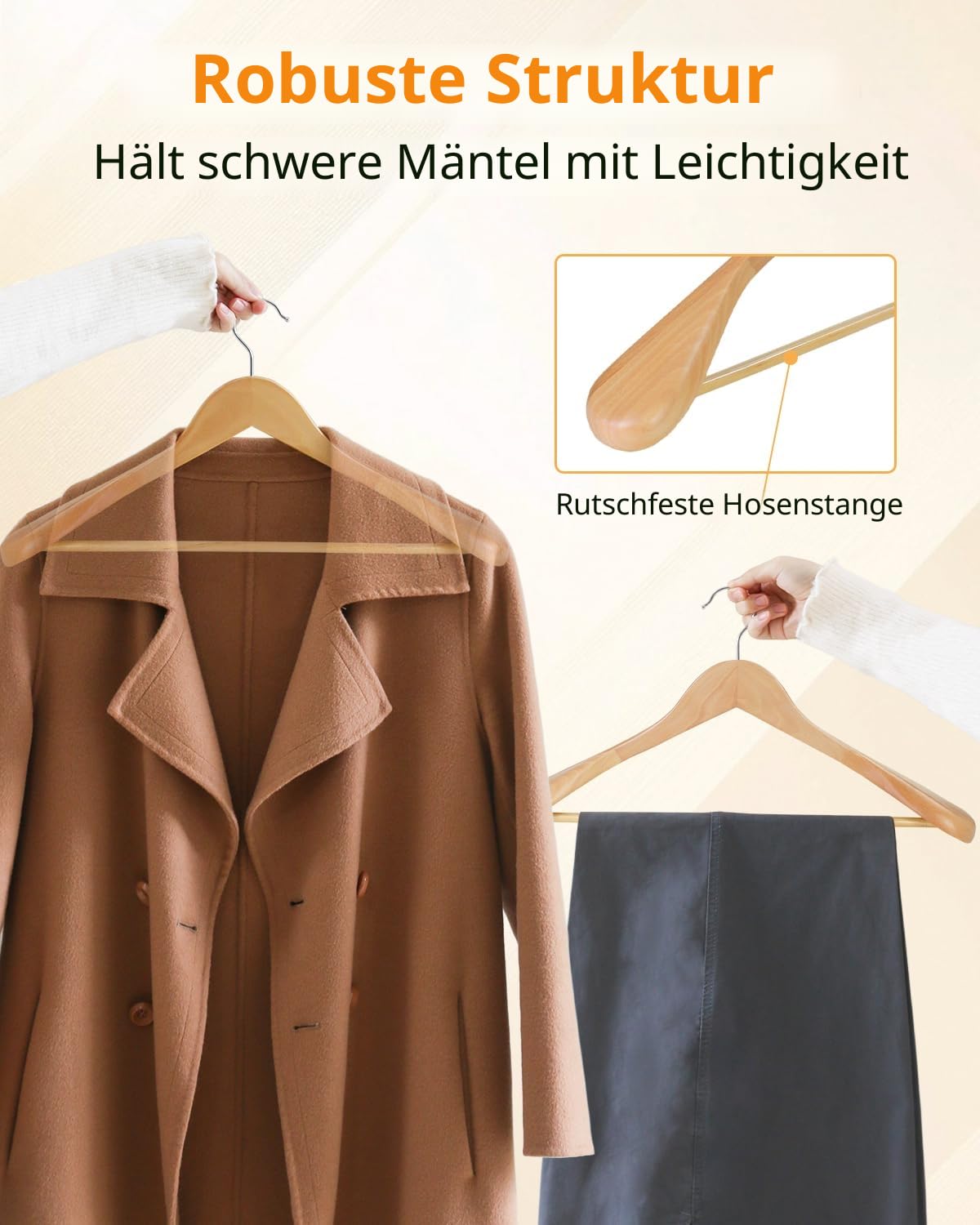 Kleiderbügel Holz 10 Stück – Breite Schulterbügel aus Naturholz, rutschfest & Stabil mit Hosenstange und 360° Drehbarem Haken, Anzugbügel für Jacken, Hemden & Mäntel