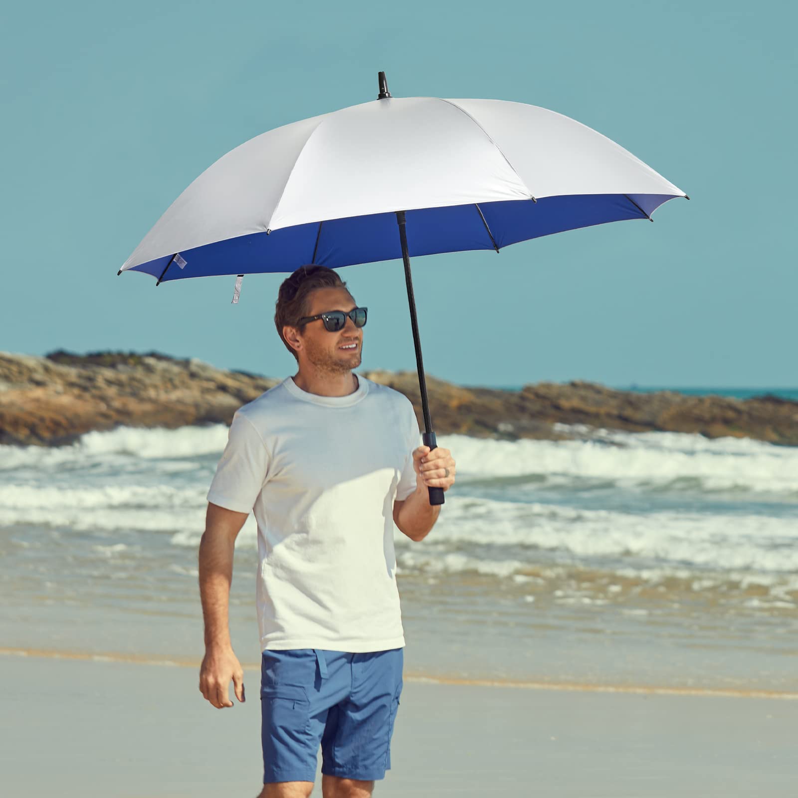 G4Free Paraguas de golf UV de 54/62 pulgadas, con revestimiento plateado, protección solar, toldo grande, resistente al viento, impermeable, automático, barra abierta