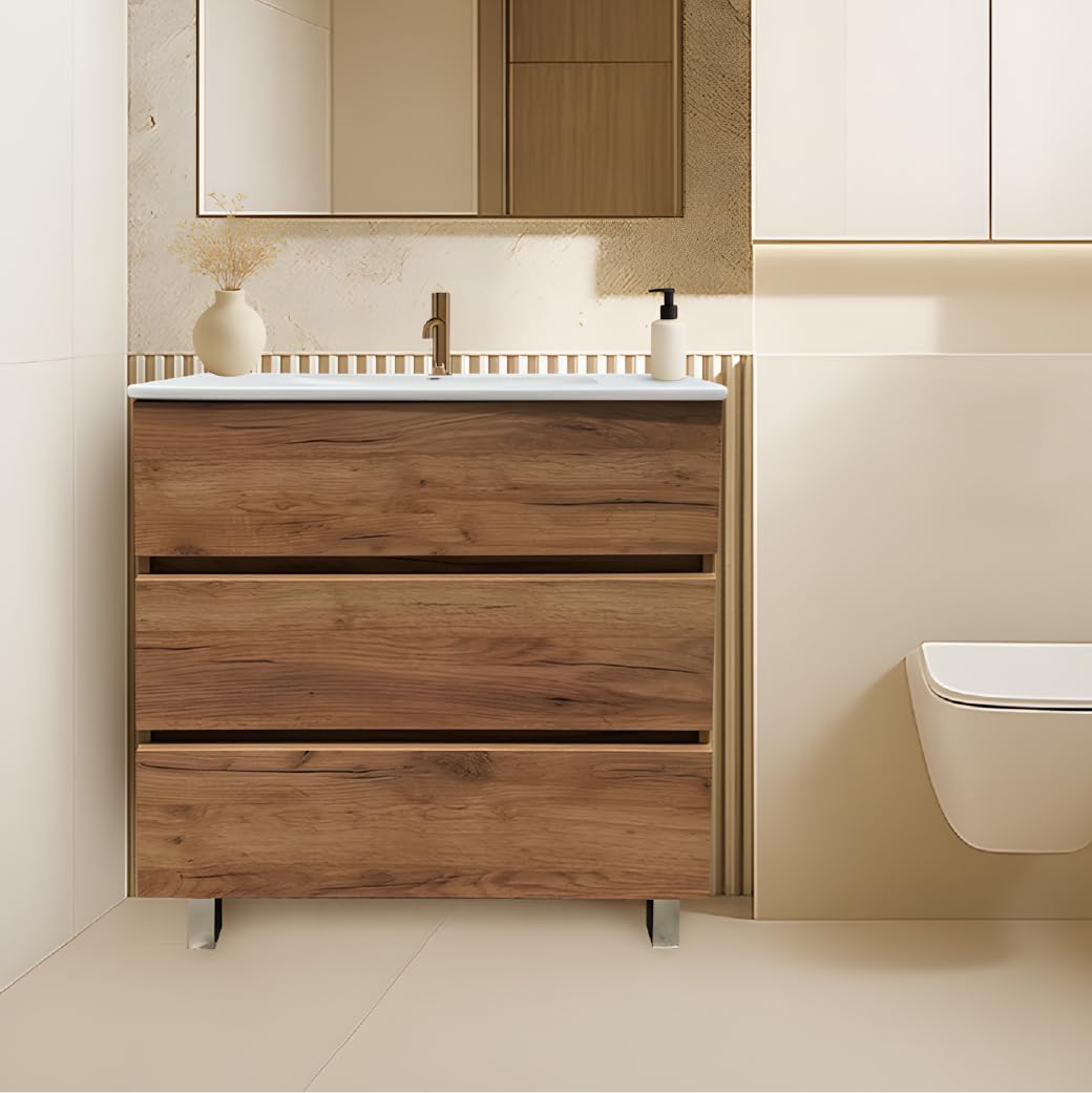 Juego Mueble Baño con Lavabo. Mueble Lavabo 80 cm. Mueble Bajo Lavabo Compacto Preinstalado de Fábrica. Mueble Baño con Lavabo 80 cm con Pie de Porcelana. No Incluye Espejo.