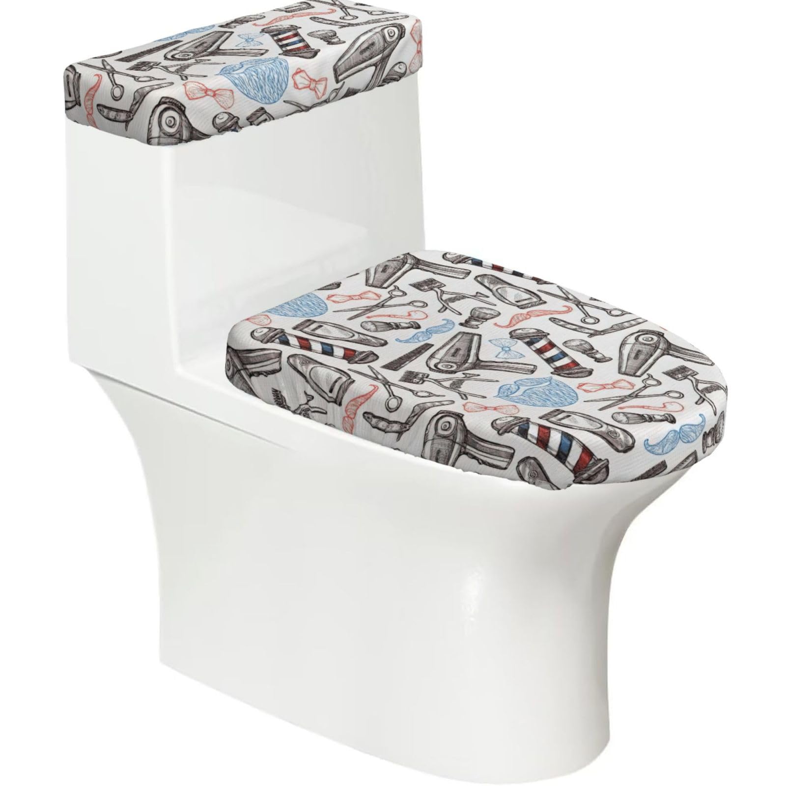 Barber Supplies Pattern Print Stretch Toilet Covers Set, Polyester Covers Replacement For Fits Most Size Lids Bathroom Decor