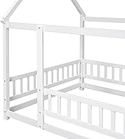 Vista 7 de Bellemave Cama de Tamaño Matrimonial de Piso Tipo Casa, Cama Montessori de Madera con Valla y Techo para Niños, Base de Cama Completa Tipo Casa