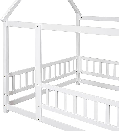 Miniatura 7 de Bellemave Cama de suelo de casa de tamaño matrimonial, cama Montessori de madera con valla y techo para niños, marco de cama matrimonial para niñas