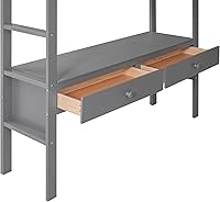 Vista 7 de Moderna cama tipo loft de tamaño matrimonial con escritorio integrado, marco de cama tipo loft de madera maciza con seis cajones y estantes