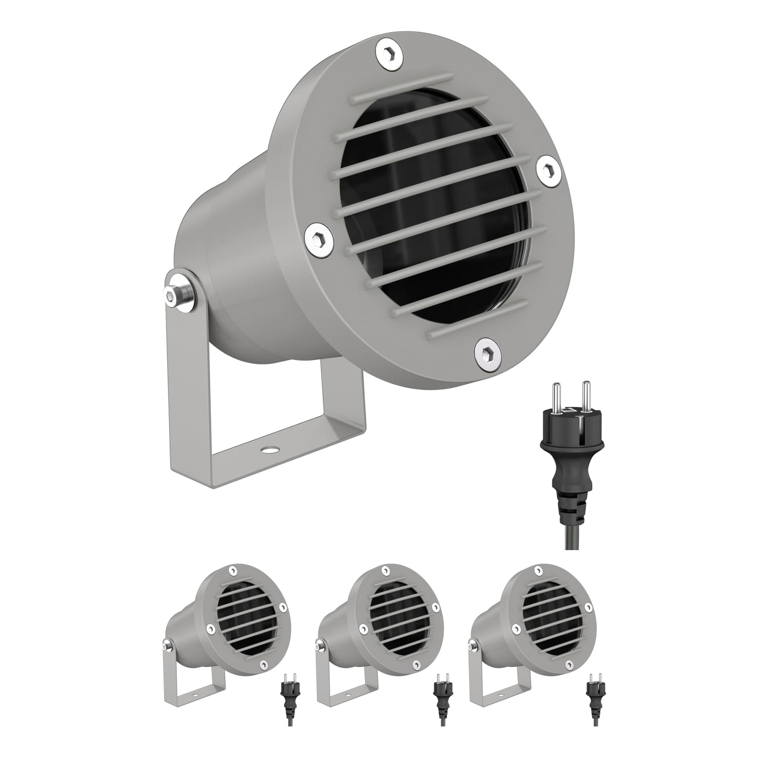 ledscom.de 4 Stück Gartenstrahler DUK, Gitter für außen, IP65, Stecker, grau, 1x GU10 max. 15W