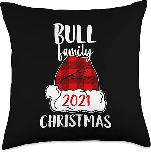 Red plaid Santa Bull Family 2021 Christmas Almohada de pijama a juego con gorro de Papá Noel 2021, 18.0 x 18.0in, multicolor