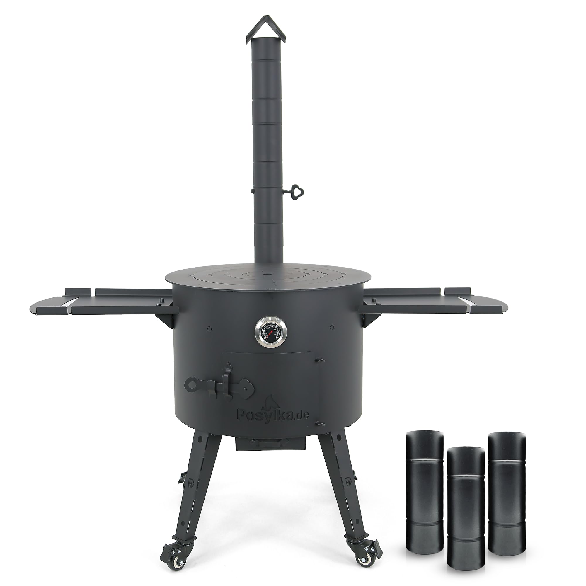 Utschak Feuerofen Ø 49cm für Kazan Wok 22L | Uchag mit Abzugsrohr & Rohrverlängerung, Ablagetisch, Räder | Учаг Feuerschale Gulaschkanone | Usbekische Plov Kasan Grill Feldküche (Mit Adapter-Ringen)