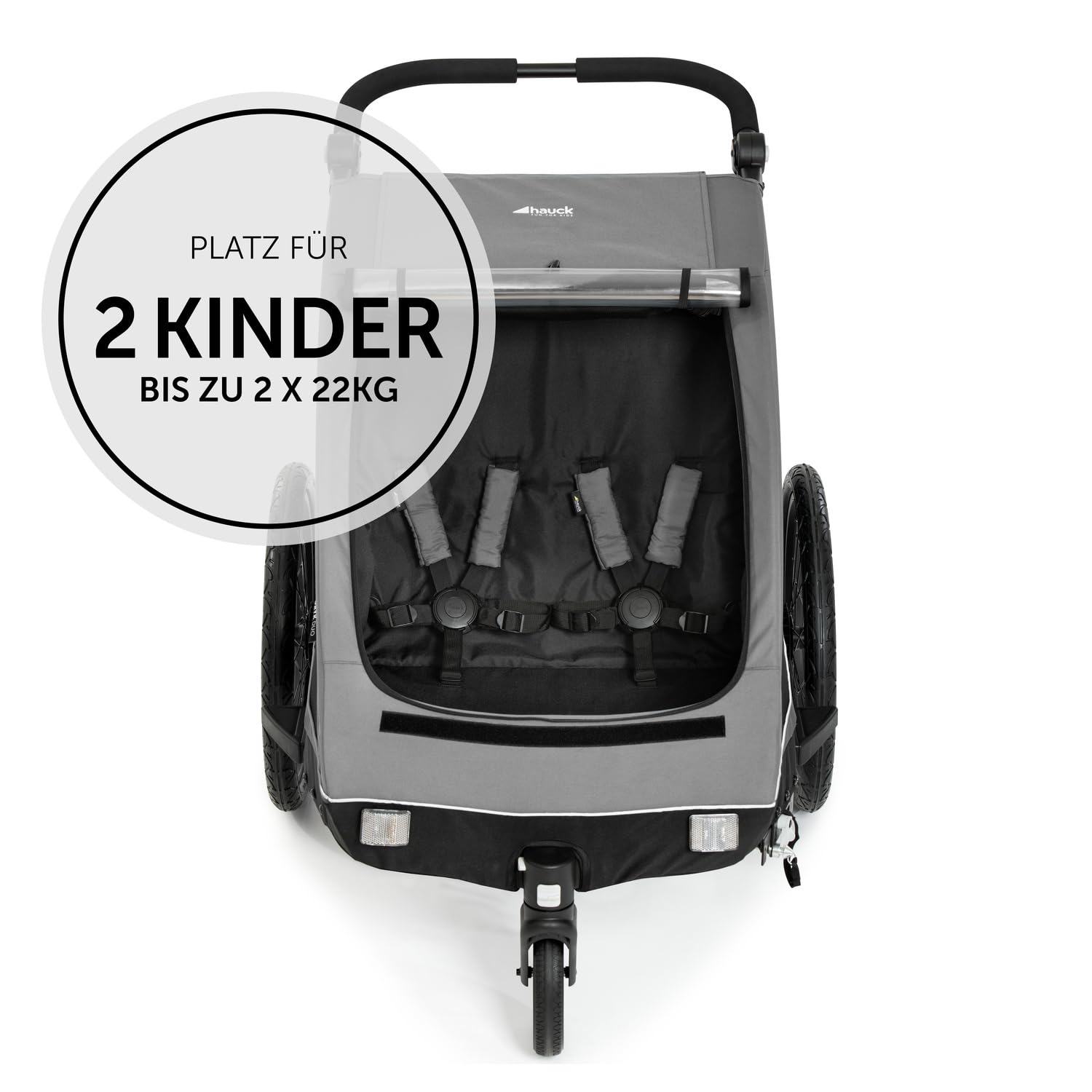 hauck Dryk Duo 2in1 Fahrradanhänger & Buggy für 2 Kinder, Grey | Kinderanhänger ab 6 Monaten bis 22 kg/120 cm/4 Jahre mit Deichsel, Fahne, Kofferraum, Faltbar, für Fahrrad, E-Bike & Pedelec