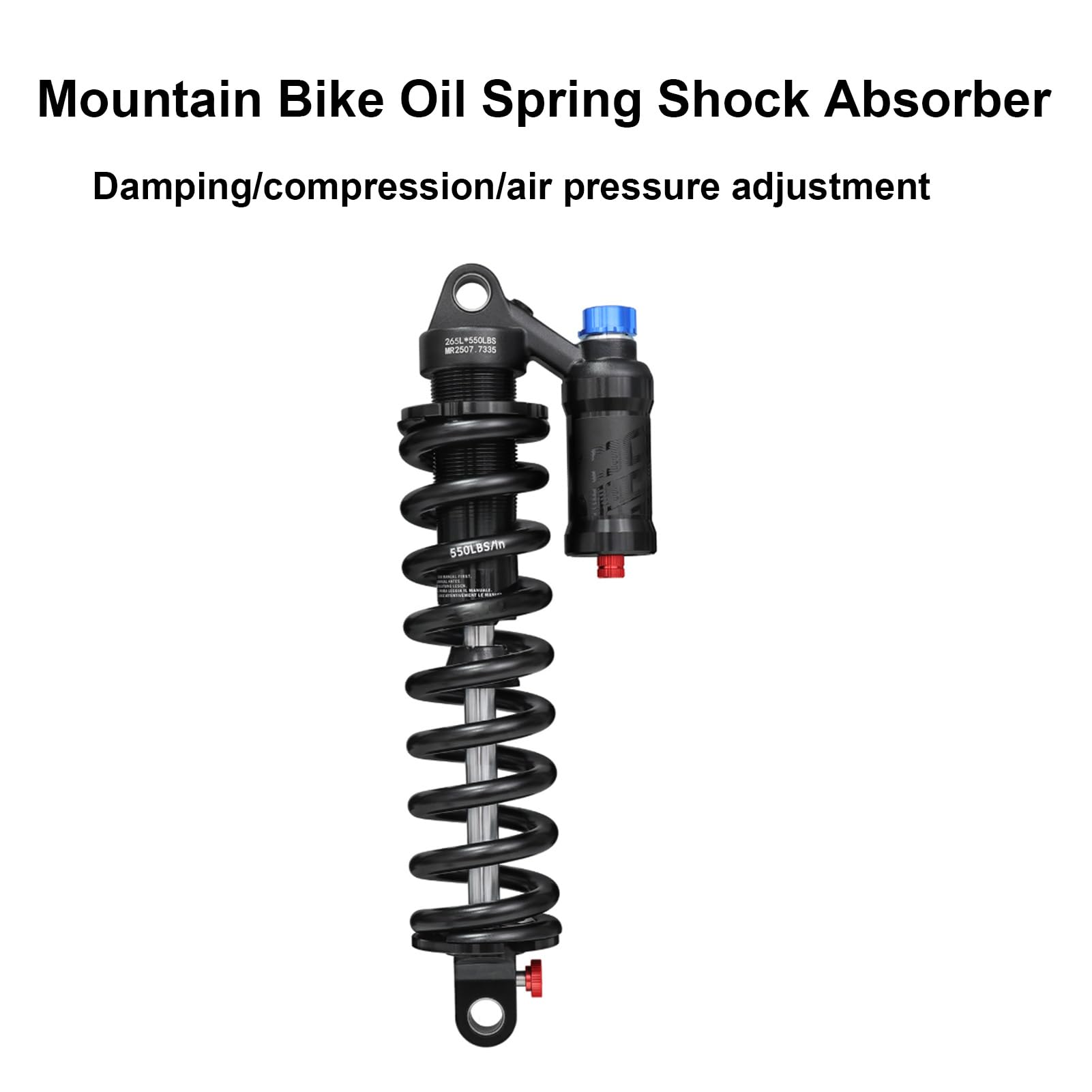 Amortiguador trasero de bicicleta de montaña Amortiguación ajustable Resorte de alto rendimiento Capacidad de carga de 550 libras para senderos cuesta abajo Estructura de aleación (265MM-550LBS)
