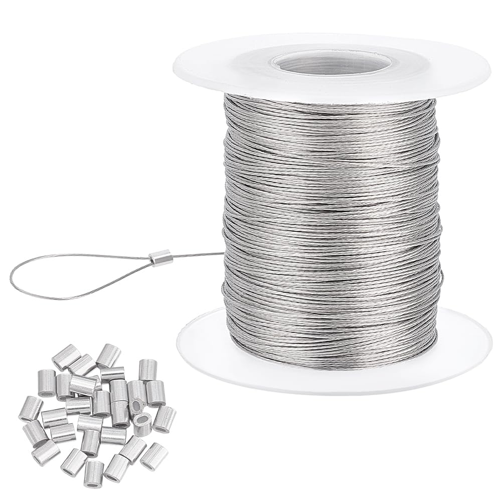 PH PandaHall 328 Feet 0.5mm Heavy Duty Picture Hanging Wire 304 Stainless Steel Photo Frame Hanging Wire with 30 pcs Aluminum Crimping Loop Sleeve for Mirrors Frames