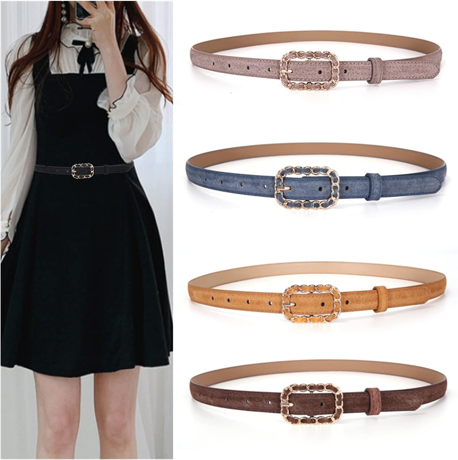 POCHY Cinturones de Cintura para Mujer, cinturón Fino de Cuero Ajustable de 40 pulgadas/100cm con Hebilla Dorada Decorativa para Vestido Vaquero para Mujer, cinturón para Mujer
