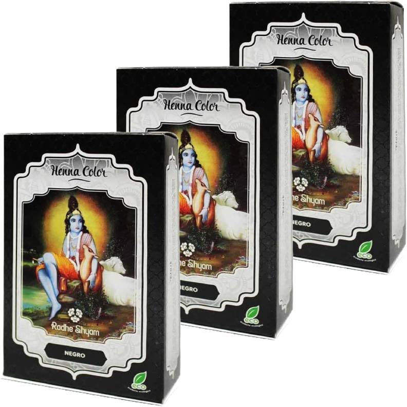 Pack 3x Henna Negro en Polvo 100g | Rhade Shyam | Coloración Capilar Vegetal | 100% Natural y Vegana | Sin Amoniaco ni PPD