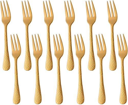 QOBIMOON Juego de 12 tenedores de ostra, tenedores de acero inoxidable, superficie martillada, cubiertos de 5.3 pulgadas, color dorado