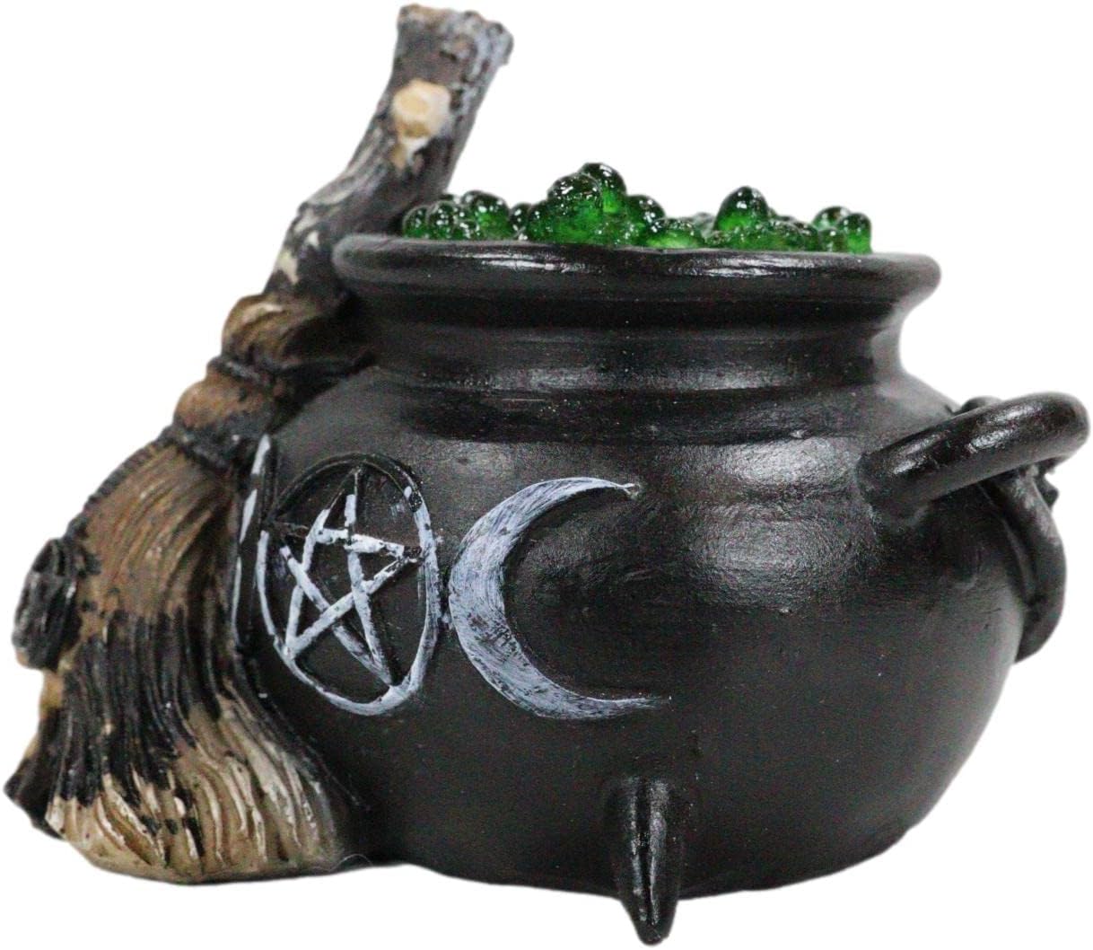 Ebros Gift Small Wicca Triple Moon Symbol with Pentagram Star Hocus Pocus Cauldron and Magical Broomstick with Colorful LED Night Light Feature Feminine Goddess Occult Wiccan Halloween Accent