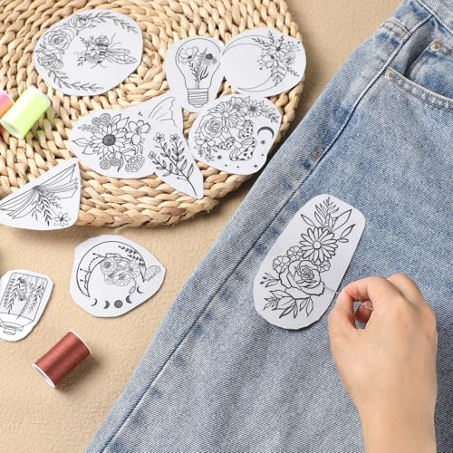 Image of Flower Water Soluble Embroidery Patterns, 79 Pcs Stick and Stitch Embroidery Papers Wash Away Pre-Printed Floral Pattern Transfers, DIY Gift for Hand Sewing Lover Beginners