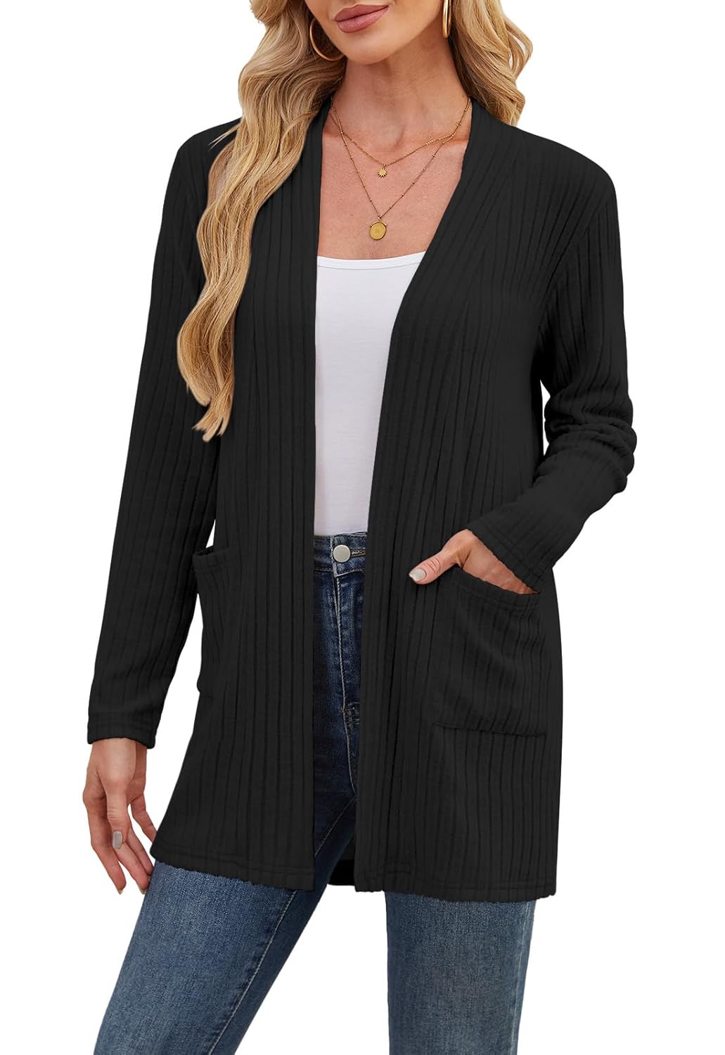 DouBCQ Womens Long Sleeve Cardigan Lightweight Open Front Casual Loose Fit Sweater with Pockets