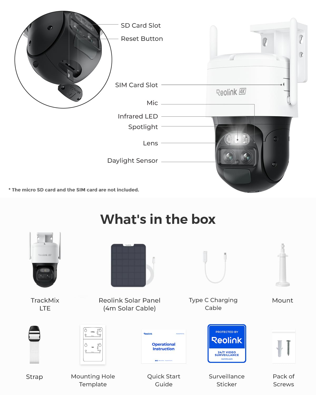 Reolink 3G/4G Słoneczna kamera do monitoringu z automatycznym śledzeniem-zoomem, 360° PTZ Bezprzewodowa kamera bezpieczeństwa z gniazdem karty SIM, 4K 8MP HD, TrackMix LTE + Panel Słoneczny