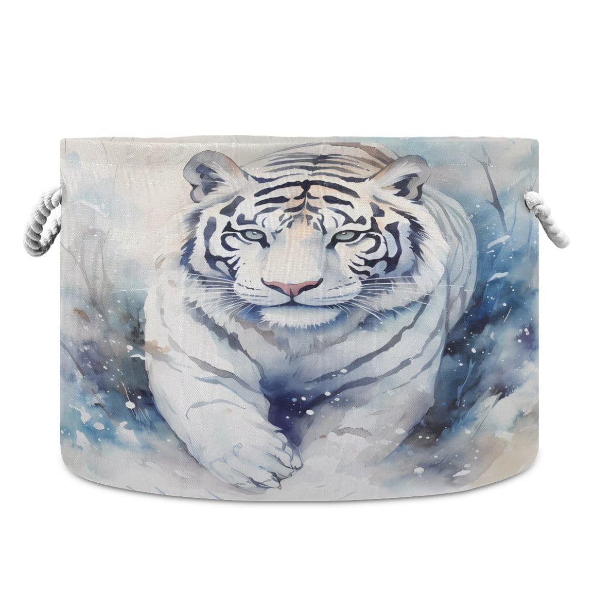 Round Storage Basket Winter White Tiger Pattern Open Home Storage Bin 20 * 13.9in
