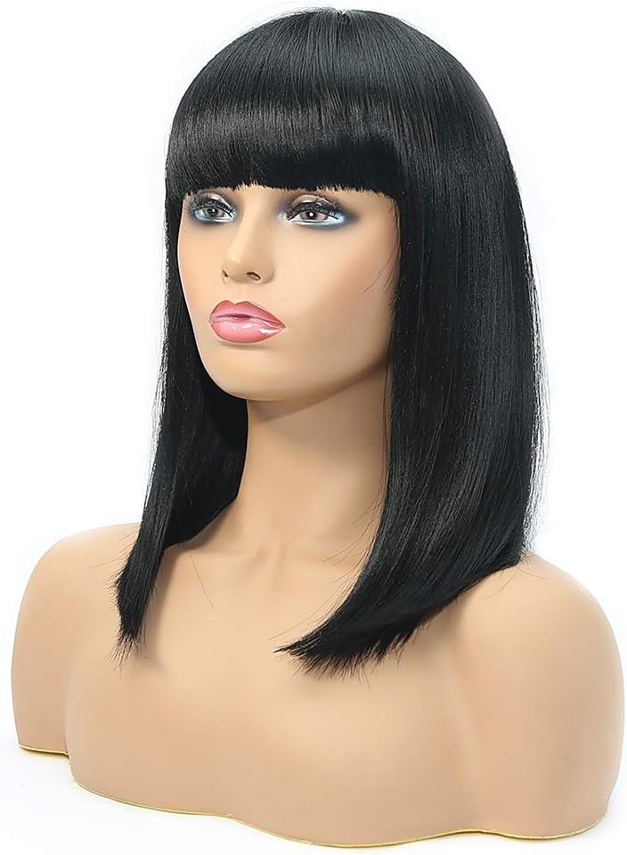 Bob Wigs with Bangs Synthetic Short Straight Hair Black Wigs for Women