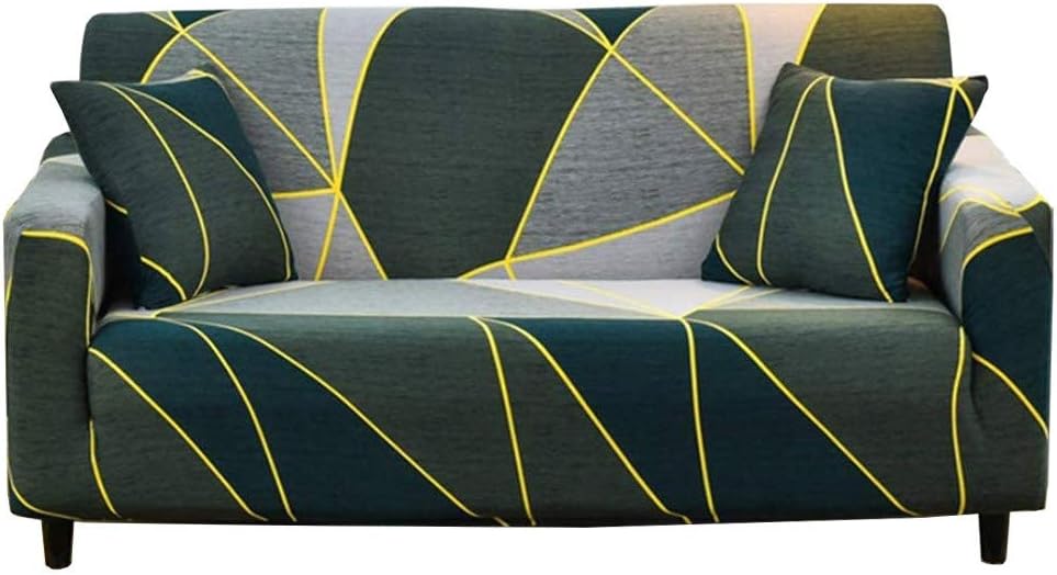 nordmiex Printeded Stretch Sofa Slipcover - 1 Piece Elastic Polyester Spandex Couch Covers- Universal Fitted Sofa Slipcover Furniture Protector with 2 Pillowcases (Loveseat Sofa,Green/Grey/Yellow)