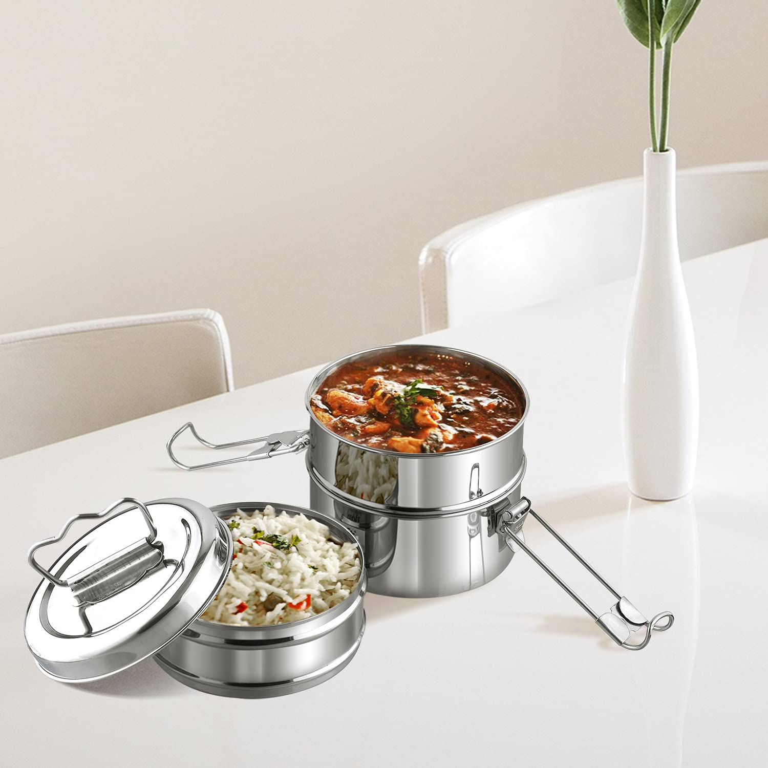 Kraft - Fiambrera de acero inoxidable con 3 compartimentos y asa, 2440 ml, con tapa, a prueba de fugas, para oficina, escuela, contenedor de alimentos, ideal para hombres y mujeres, color plateado