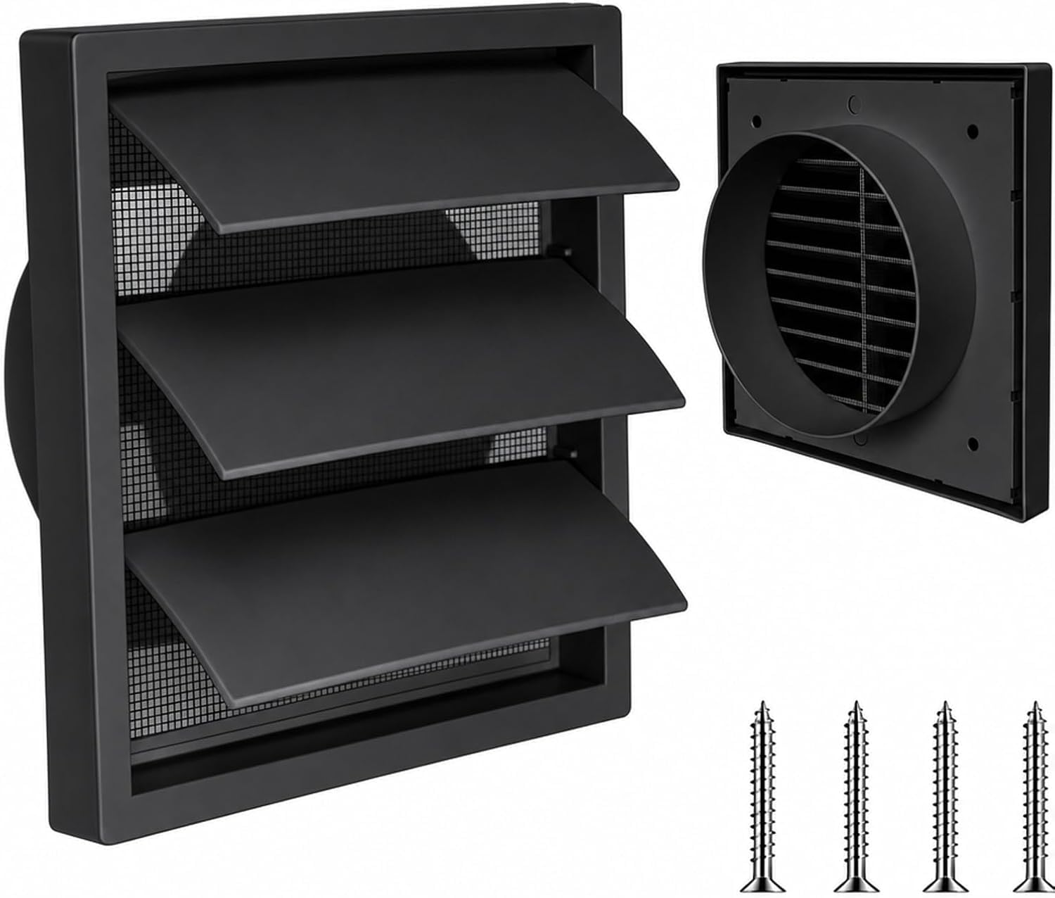 External Gravity Grille Air Vent – 100 mm (4”) Rear Spigot, 140 x 140 mm External Wall Vent Cover with Flyscreen, for Kitchen, Bathroom, Exterior Walls Ventilation System Air Outlet (Black)