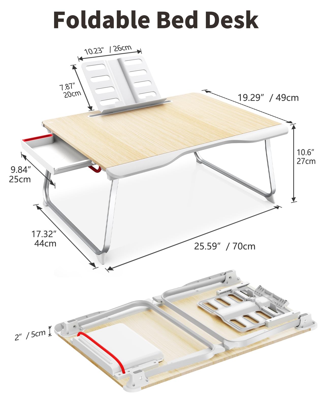 SAIJI Laptop Tablett Bett Tisch, Sstabil XXL klappbar Tisch, für Boden Sofa Essen Arbeiten Spielen Lesen Lernen mit Schublade Buchständer Tablet Handy Ständer (Teak, 65 * 49 * 30cm)