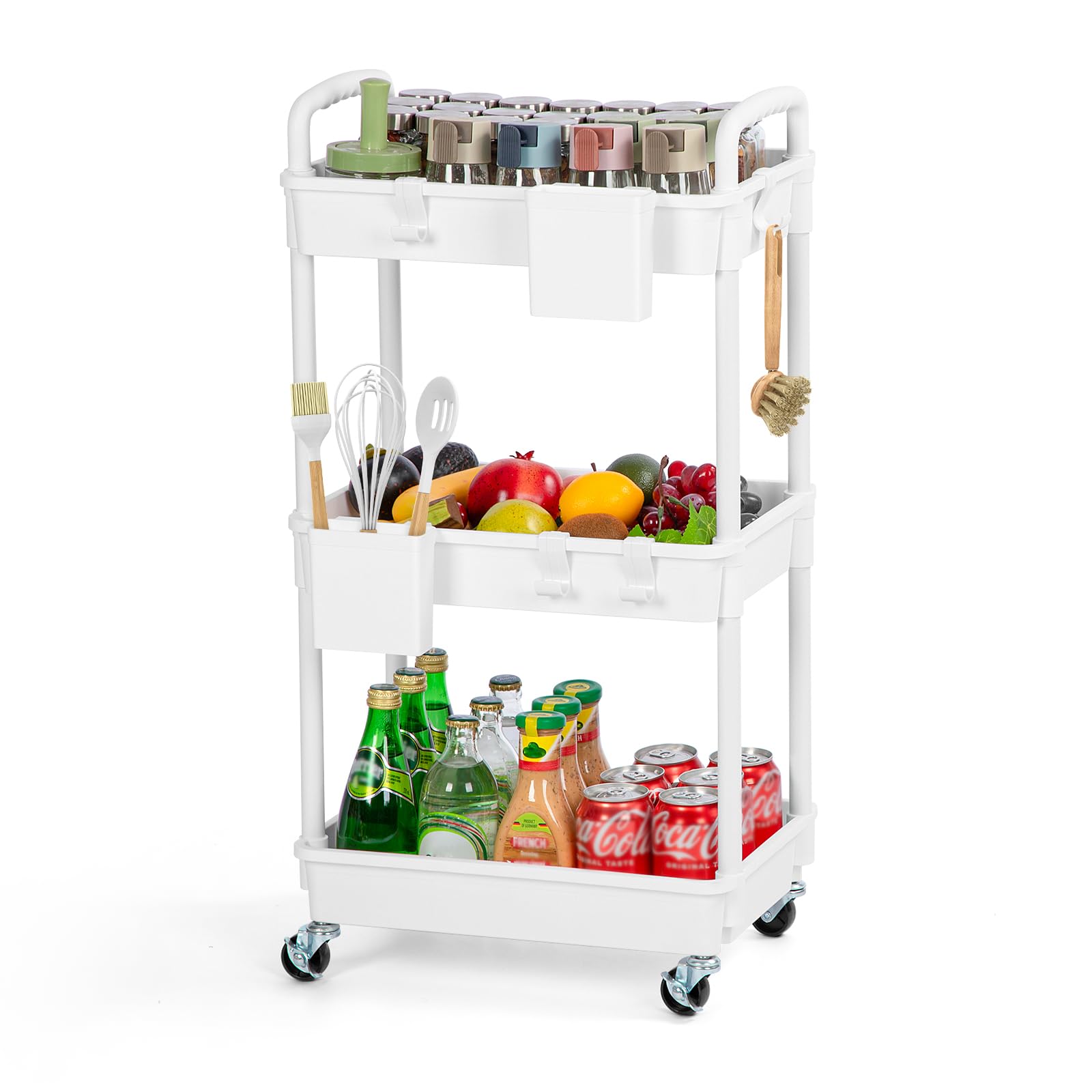 FoiiLiio Carrello Cucina a 3 Ripiani,Carrello portaoggetti,Carrellino con Ruote Portatutto con 2 Piccoli Organizzatori,Stoccaggio Carrello,Portaoggetti Multifunzionale per Bagno,Ufficio,Bianca
