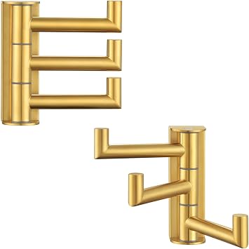 Suyar Brushed Gold Towel Hook, Bathroom Swivel Coat Robe Holder with 3 Arms | SUS304 Stainless Steel, Wall Mounted, 2 Pack
