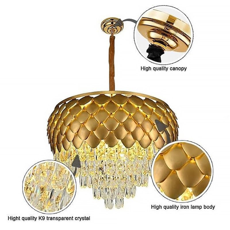 Image of SUANI Pineapple Chandelier Full Golden Italian K9 Glass Crystal Decorative Ceiling Lamp for Hallway and Drawing Room | Golden, Round, (800) mm