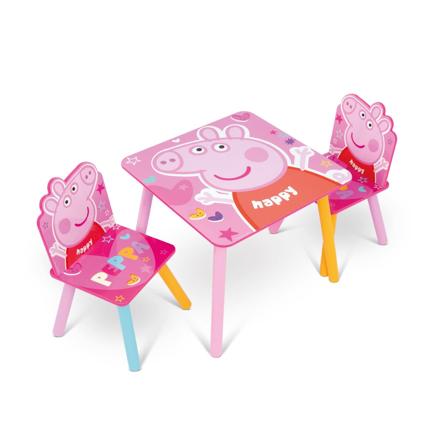 ARDITEX - Set Tavolo e 2 Sedie in Legno per Bambini Licenza Ufficiale Peppa Pig - Tavolo 50x50x44 cm/Sedia 26,5x26,5x50 cm - Rosa Arcobaleno - Ideale per giocare, disegnare e fare lavoretti
