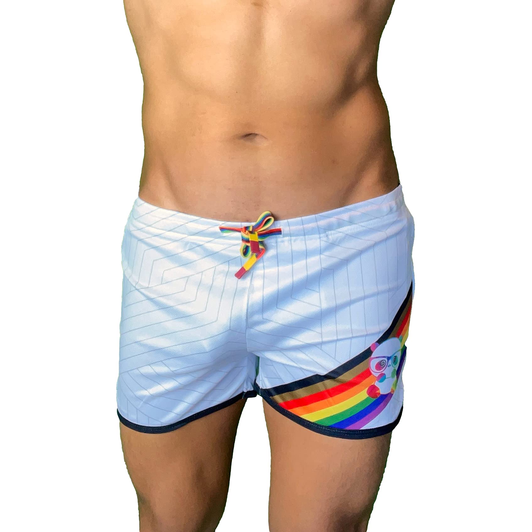 PandaTakMens Running Booty Shorts, Zippered Pockets, Rave & Party Short LGBTQ, Gay Rainbow Panda Shorts
