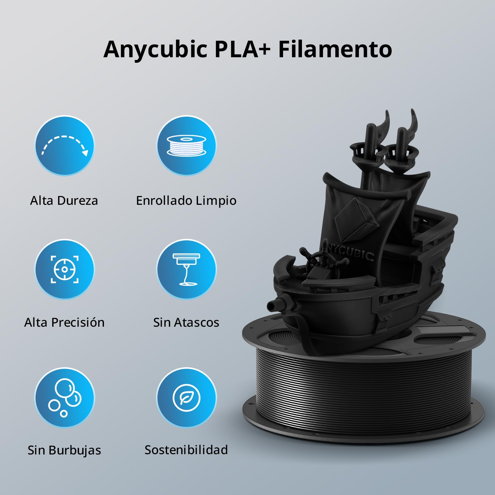 ANYCUBIC Filamento PLA Plus para Impresora 3D,Filamento PLA Plus con Bobina Desmontable,Filamento 3D Mejorado de Dureza,Inteligente RFID,Negro Perla&Blanco Brillante&Textura Gris&Azul Deslumbrante,4kg