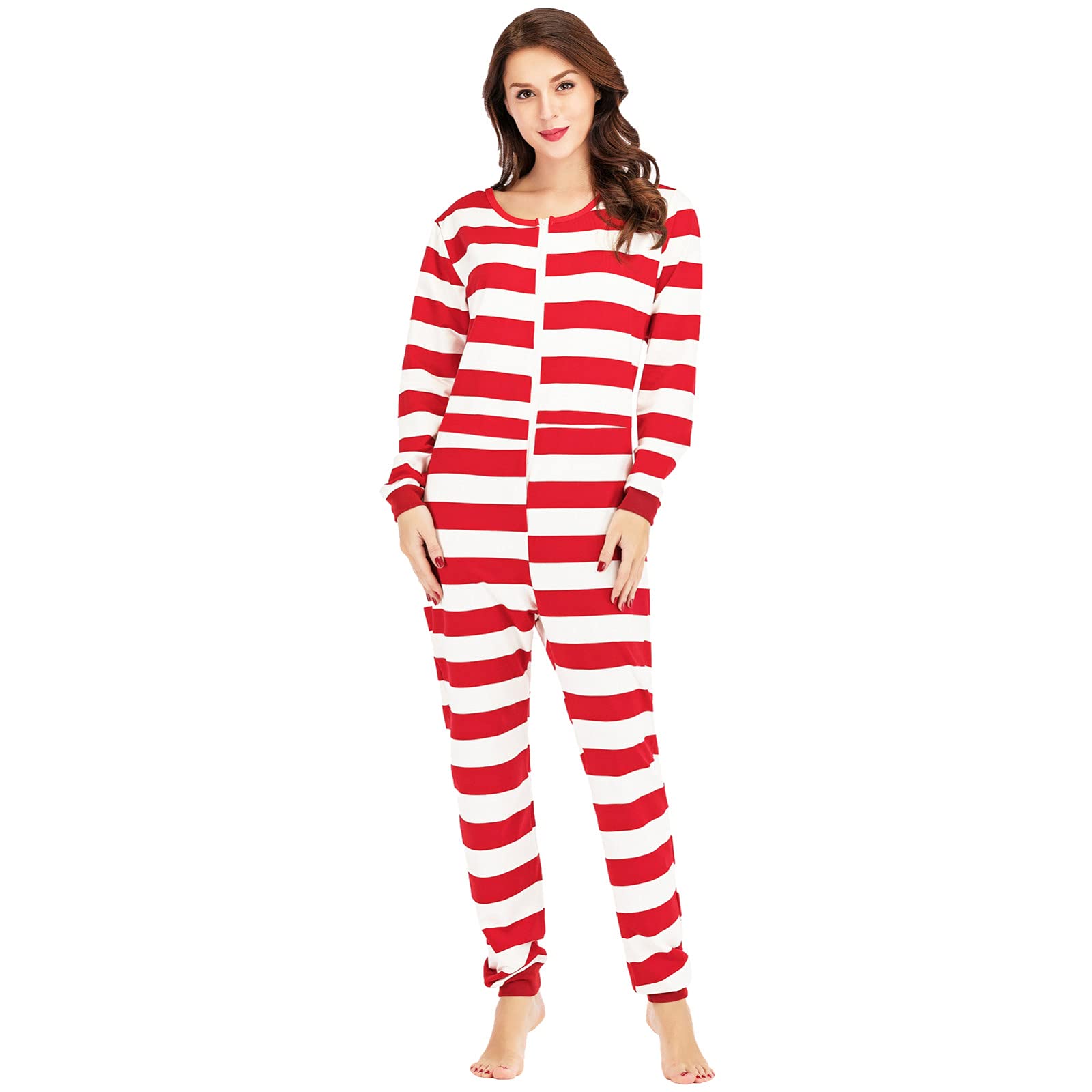 Tutina da donna a maniche lunghe con stampa a righe, comoda pigiama, in cotone, girocollo, morbida e spazzolata, super morbida, con cerniera, stile casual, per cosplay, abbigliamento da casa