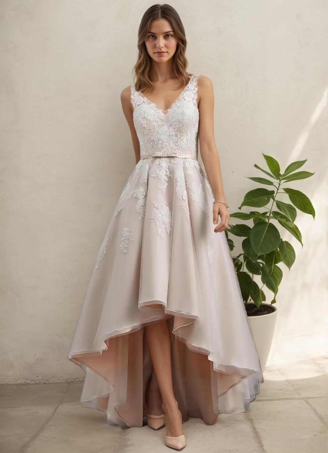 Robe de mariée midi en tulle pour mariée - Longueur du thé - Style bohème - Dentelle - Avec manches - Pour femme