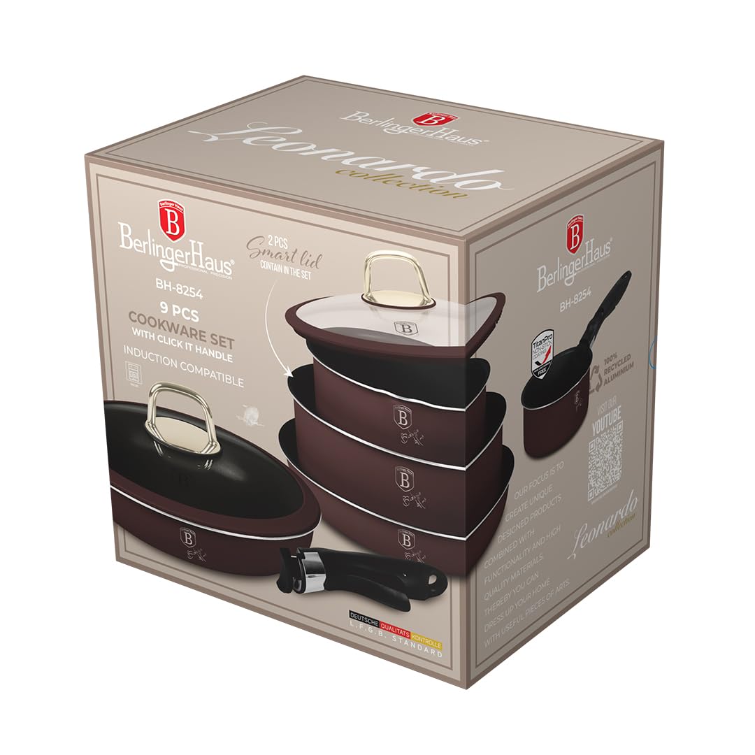 Berlinger Haus 9-teiliges Kochgeschirr Set mit abnehmbaren Griffen - Leonardo Collection, antihaftbeschichtet, langlebig, vielseitig einsetzbar, für alle Herdarten geeignet