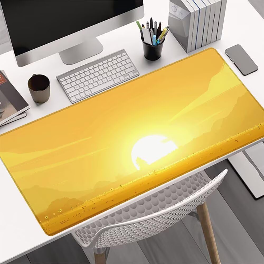 Alfombrilla Ratón, Alfombrilla Gaming Amarillo XXL 1200x600x3mm, Extendida Base de Antideslizante Caucho Mouse Pad Sol, Protector Escritorio con Bordes Cosidos, Mejora la precisión y la Velocidad L-2