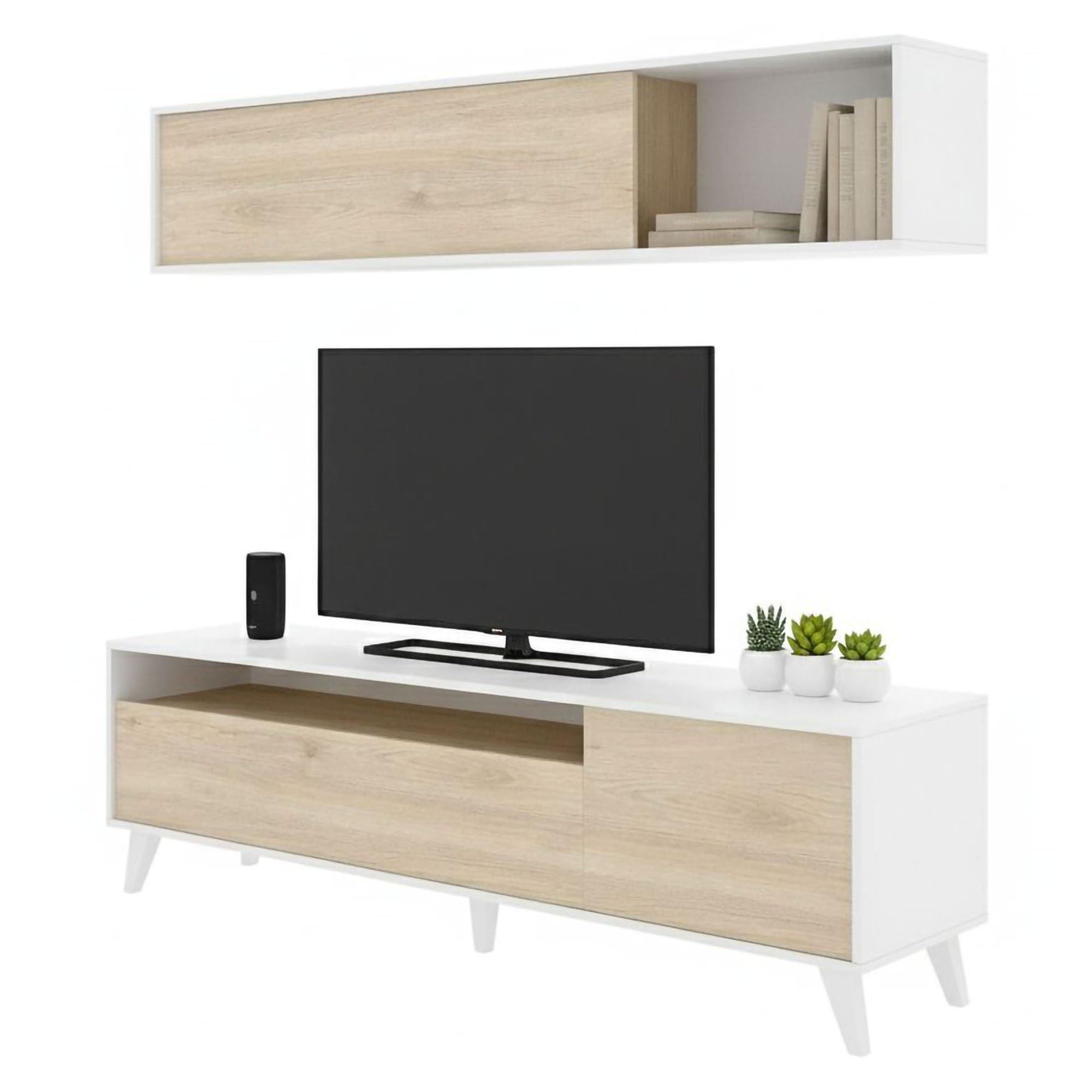 Dmora - Parete attrezzata Tambo, Composizione soggiorno, Mobile salotto multiuso, Armadio porta TV, 180x41 h180 cm, Bianco e Rovere