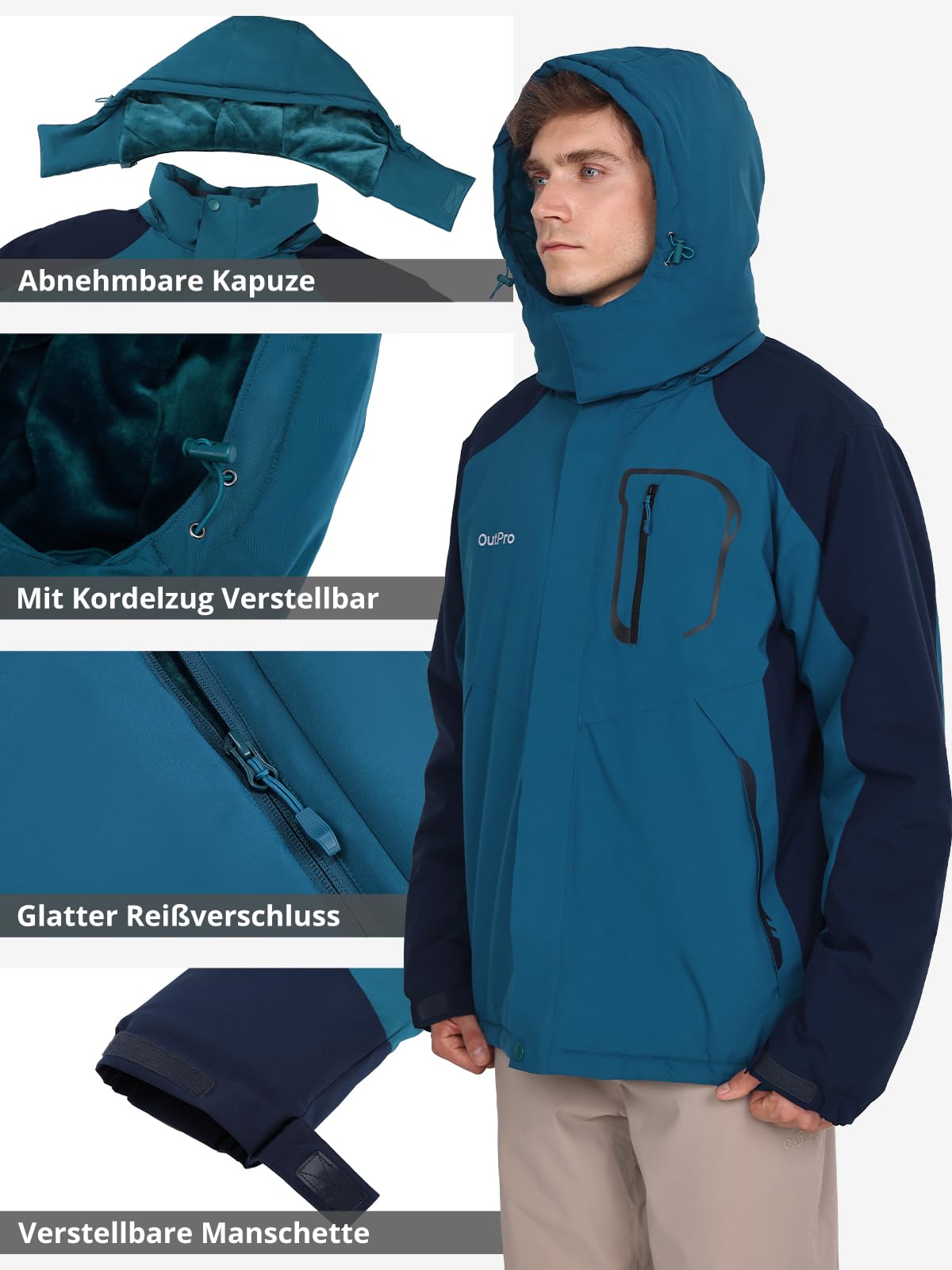 OutPro Herren Skijacke Wasserdicht Winter Schneemantel Winddicht Warm Fleecefutter Kapuzenparka Regenjacke