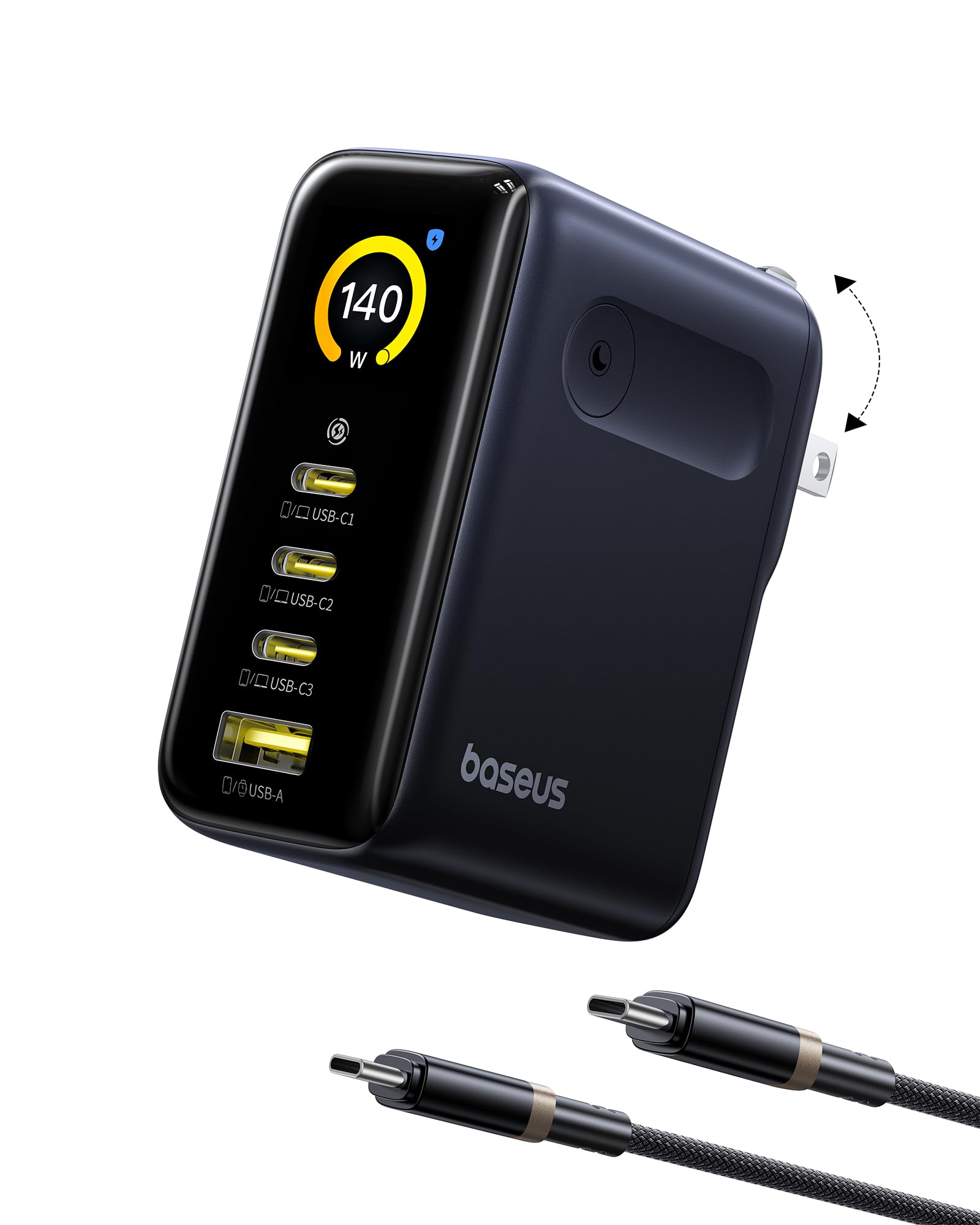 Baseus Picogo 140W USB C Charger, 4-Port Multi-Device Fast Charging Laptop Charger with Smart Display & Touch Control, GaN Power Adapter for MacBook Pro, iPhone 17/16, Pixel, Steam Deck
